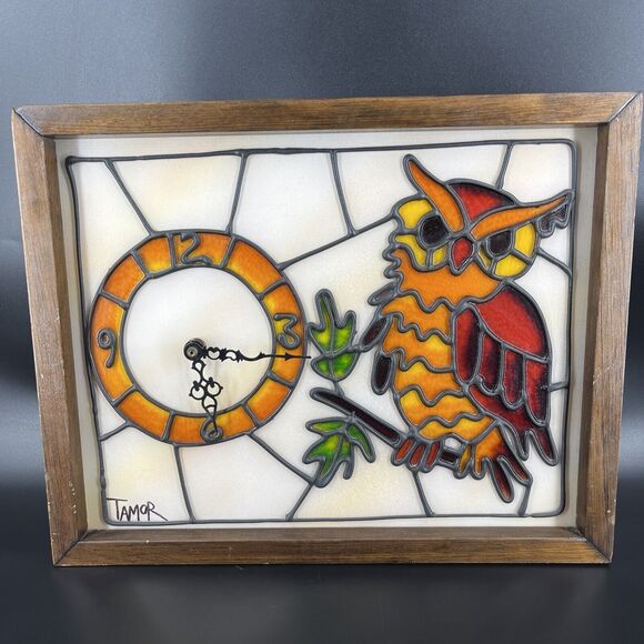 Vintage Simulated Faux Stained Glass Owl Clock Wood Frame Signed TAMOR Retro MCM - Picture 4 of 16